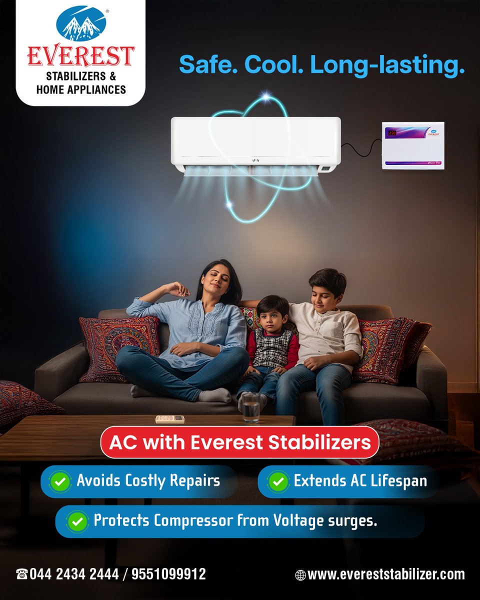 EverestPvt's tweet image. Keep your AC safe and efficient with Everest Stabilizers—saving money, extending lifespan, and protecting against voltage surges.

For orders:
Visit: evereststabilizer.com

Call Us: 95510099912

#EverestStabilizer #ACProtection #VoltageSafety #ReliablePower #SaveMore