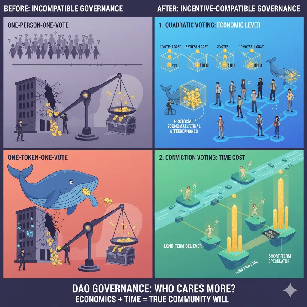 icodezjb's tweet image. 🧵DAO Governance: A New Incentive-Compatible Voting Mechanism
Traditional models are incentive-incompatible:
• Apathetic majority (One-Person-One-Vote, 1p1v)
• Whale dictatorship (One-Token-One-Vote, 1t1v) – whales spend a sliver of capital to ram through short-term grabs…
