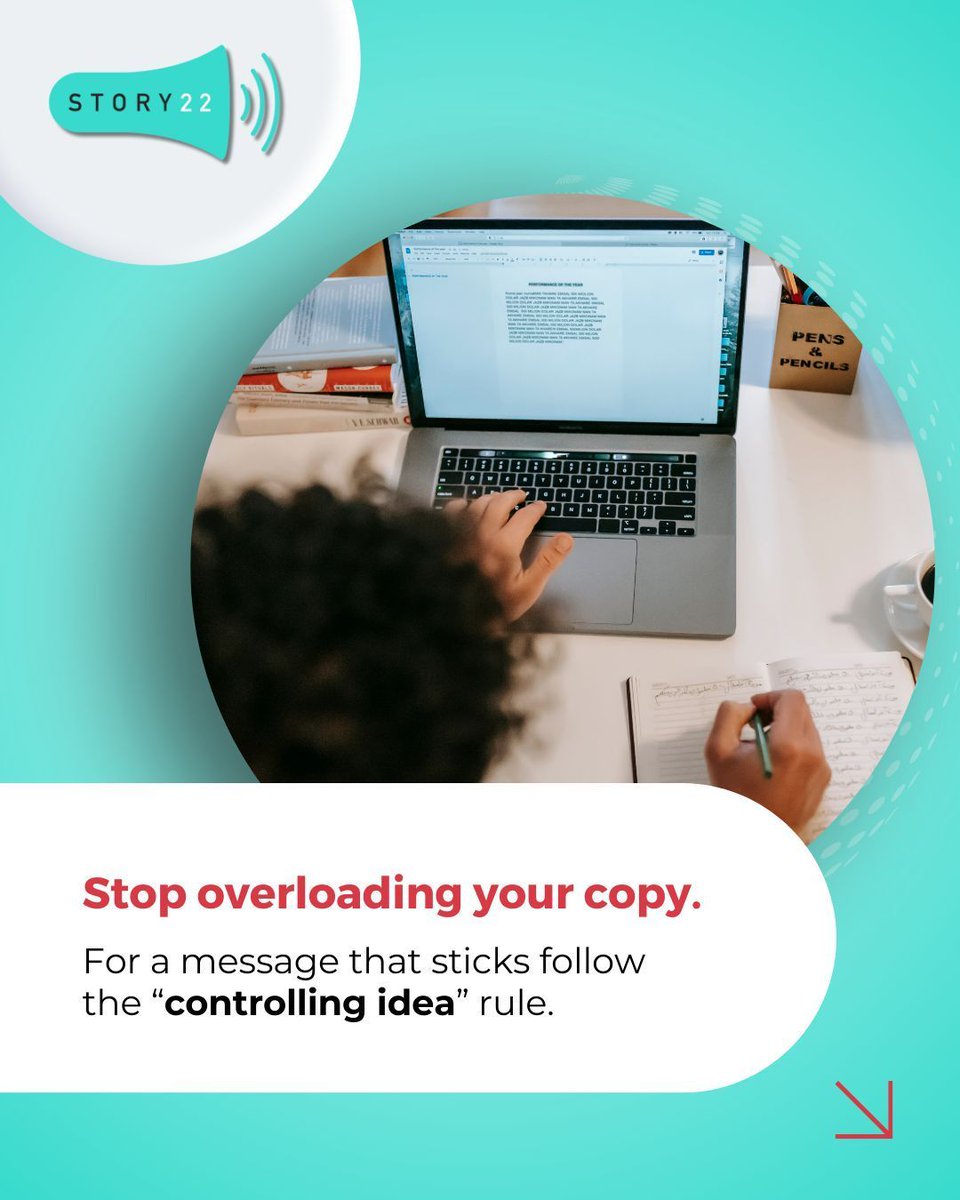 story22_'s tweet image. Marketing tip: One piece = one key idea.  

When you cram multiple messages into one piece, nothing sticks. Before writing, decide the one thing you want readers to remember. Then make every line, image and bullet point support it. Clarity beats cleverness.  

#CopywritingTips