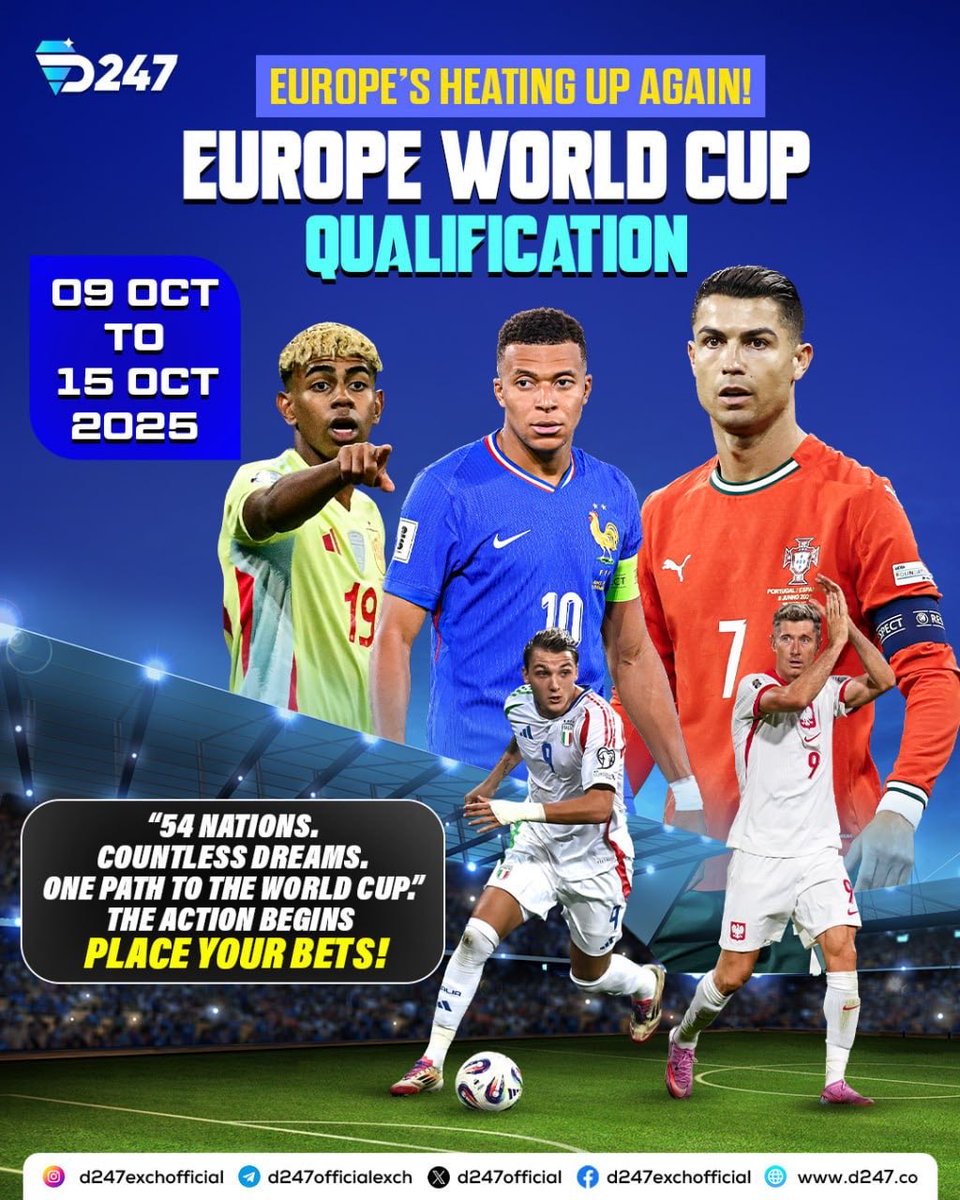 D247Official's tweet image. ⚽️🔥 Europe’s best battle for a World Cup spot!

09–15 Oct — the road to glory begins! 🏆🌍

#WorldCupQualifiers #Europe2025 #FootballFever #Soccer #GameOn

Disclaimer: Valid only in regions where online skill-based games are legal.

🌐Visit:👉 d247.co