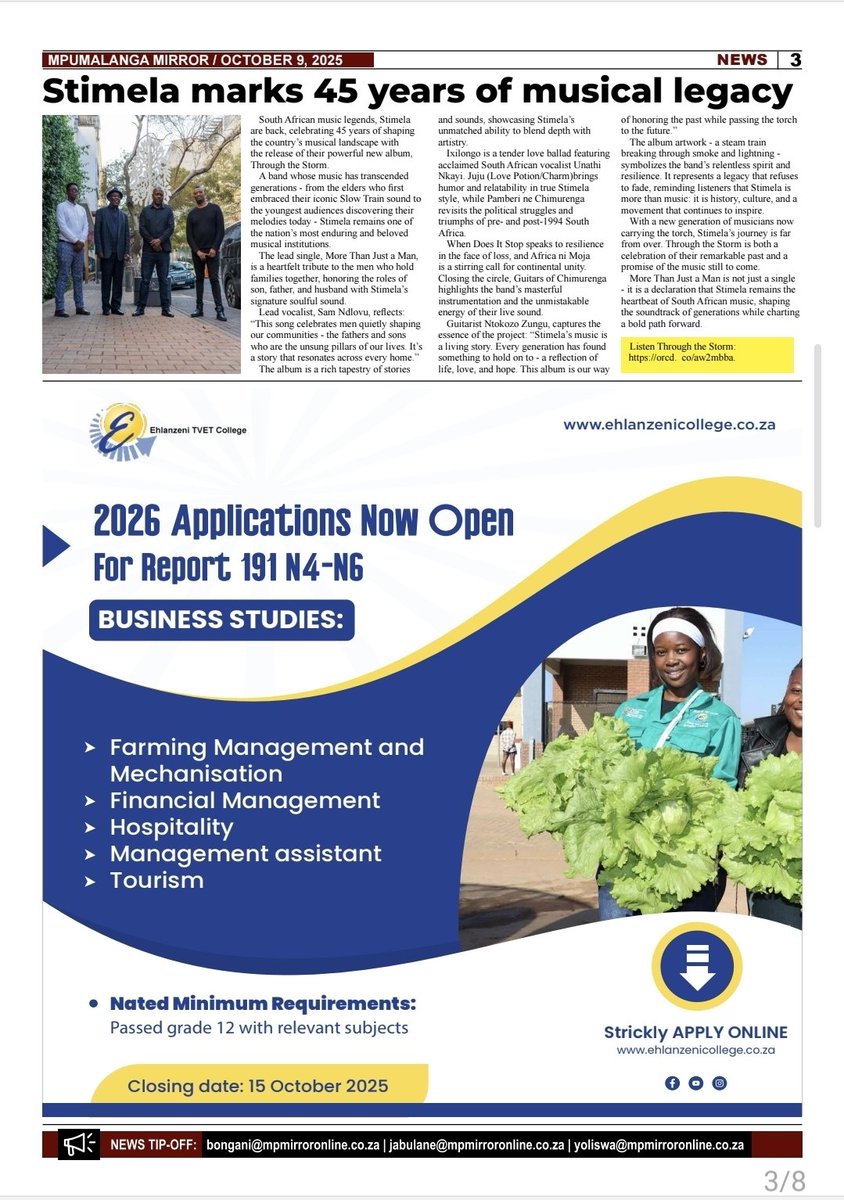 MPMirror's tweet photo. READ 🗞 | 1/2 Mpumalanga Mirror, October 9, 2025, edition. Get a copy now on our website for free! #reflectingthetruth #mpmirror #20yearsofmpmirror https://t.co/NpBoQm6WsE