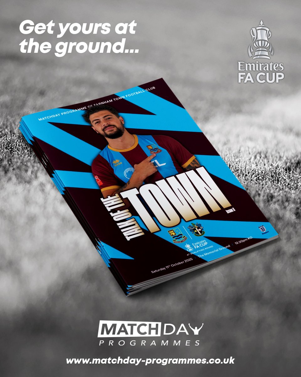Don't miss out on your collector's edition Matchday Programme at Farnham Town FC tomorrow! The biggest <a href="/EmiratesFACup/">Emirates FA Cup</a> game in the club's history is happening as Farnham Town takes on <a href="/suttonunited/">Sutton United</a> at The Memorial Ground. Kick-off is at 12:30 PM. We'll be watching on BBC iPlayer.