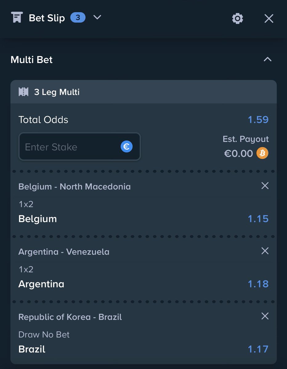 KSANALYSIS_1's tweet image. 💪 Today’s Bet of the Day

🇧🇪 Belgium to beat Macedonia
🇦🇷 Argentina to beat Venezuela
🇧🇷 Brazil to beat South Korea (Draw No Bet)

Total Odds: 1.59

Sign up to Stake here 👉 stake.com/?offer=kingsol…

Use promo code KINGSOLOMON when you deposit to unlock a $2000 welcome bonus!