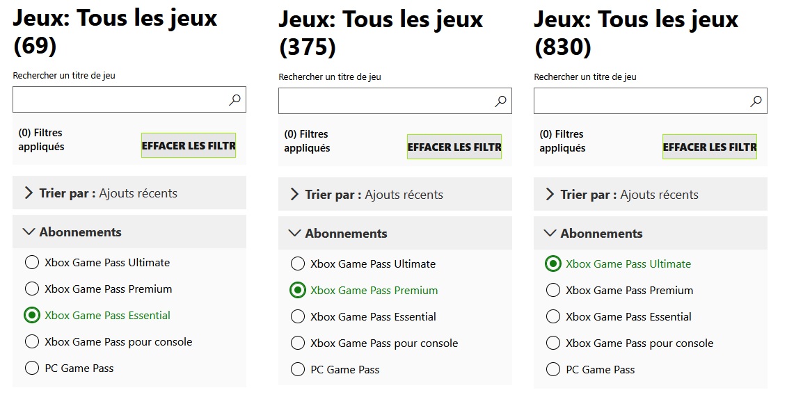 Il faut qu'on m'explique un truc dans la communication de Microsoft. Vous vous souvenez quand ils disaient "+ de 100 jeux" pour le GP alors qu'il y en avait facile + de 400?
Aujourd'hui ils disent:
essential: 50+
premium: 200+
Ultimate: 400+
et quand on va voir la liste: