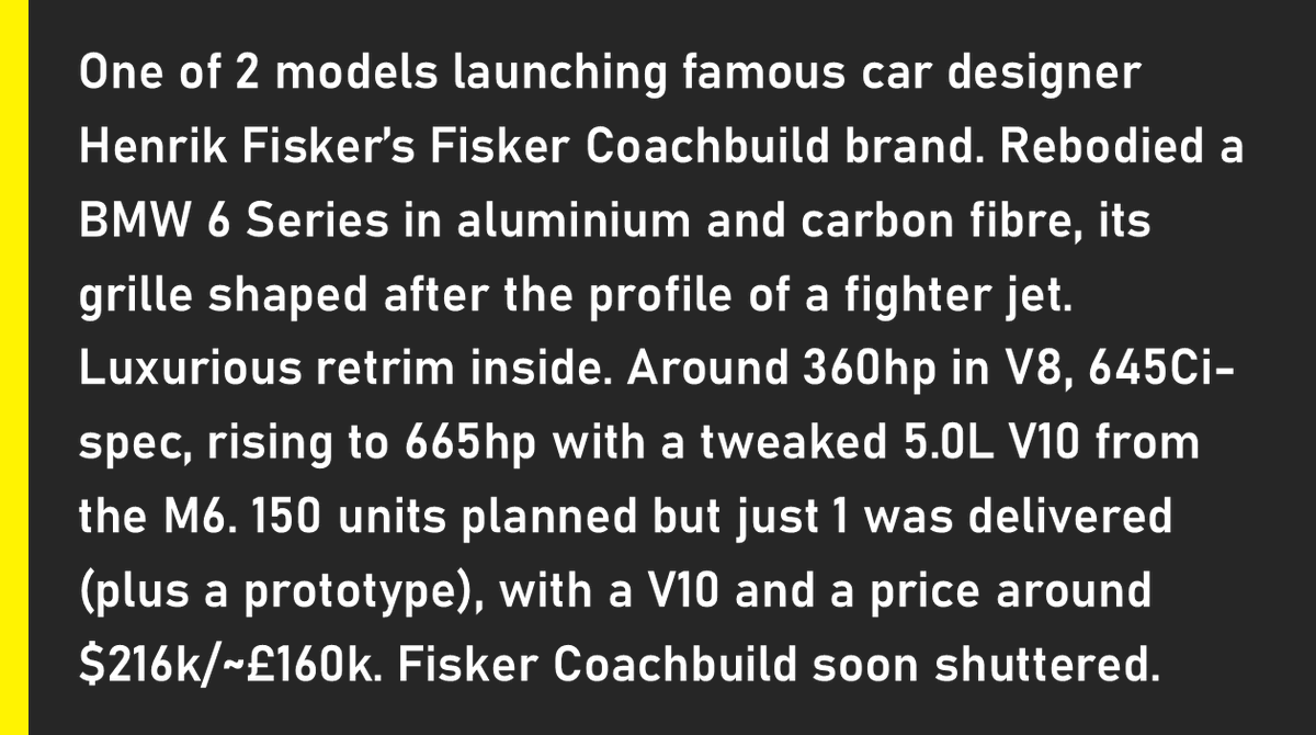 ObscureSupercar's tweet image. 🇺🇸 Fisker Latigo CS

2006  •  5.0L V10  •  665bhp  •  $216k/~£160k

📸 Bring a Trailer/WheelsAge
#osotd #supercars #fisker #bmw #6series