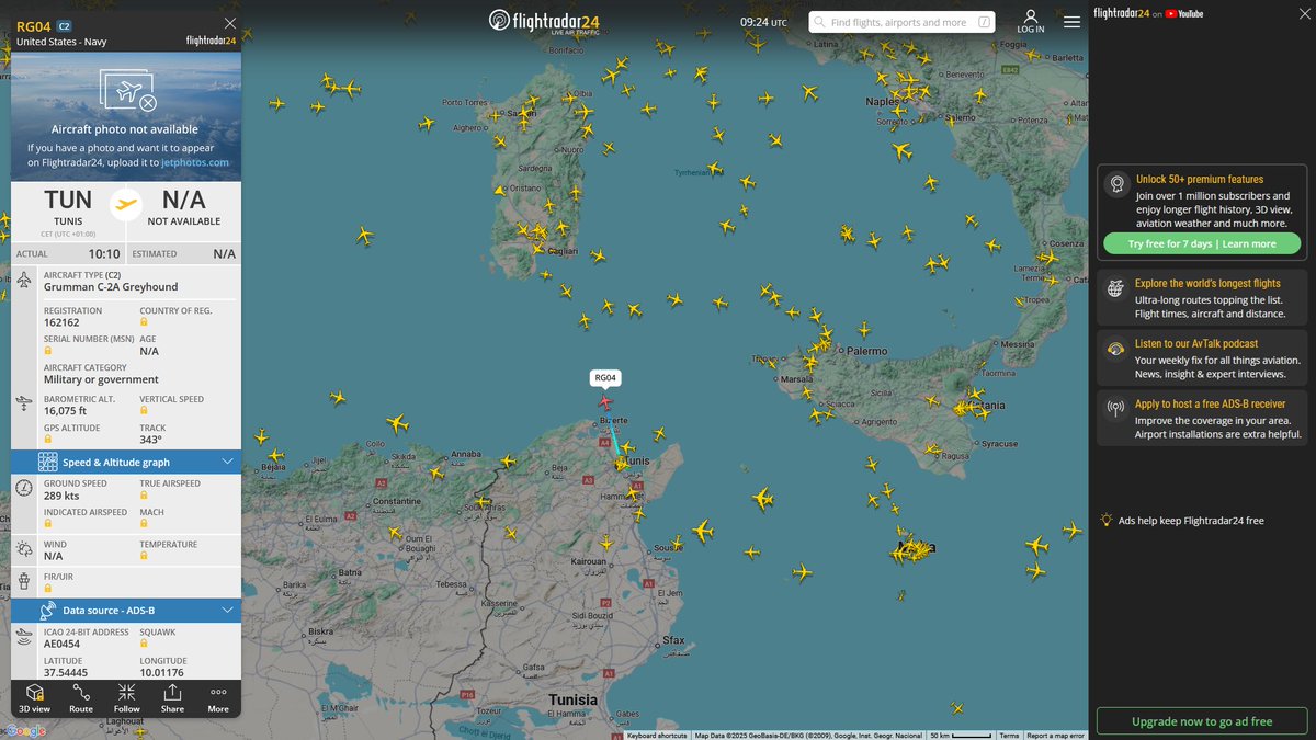 AIYeyENGDdJkjTr's tweet photo. Oct. 10, 2025
#Naval Air Station Sigonella #Tunis, Tunisia ==> #Western Mediterranean
#USS Gerald R. Ford (CVN-78)
#RG04 #AE0454 USN C-2A Greyhound https://t.co/5VMtW7zo1j