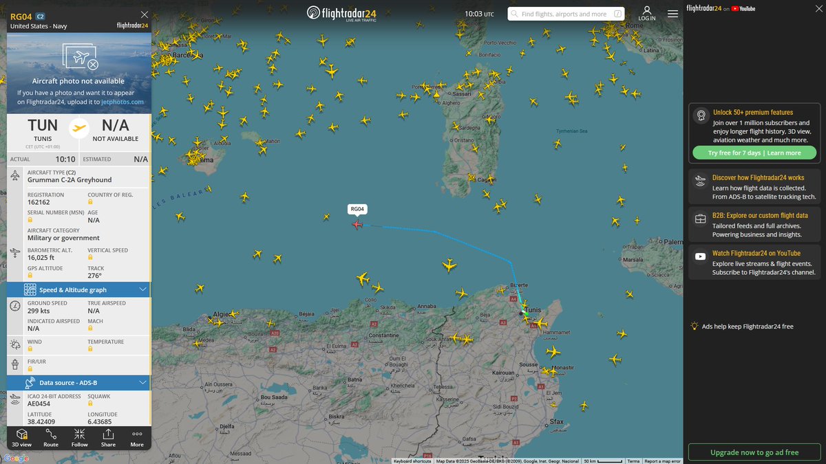 AIYeyENGDdJkjTr's tweet photo. Oct. 10, 2025
#Naval Air Station Sigonella #Tunis, Tunisia ==> #Western Mediterranean
#USS Gerald R. Ford (CVN-78)
#RG04 #AE0454 USN C-2A Greyhound https://t.co/5VMtW7zo1j