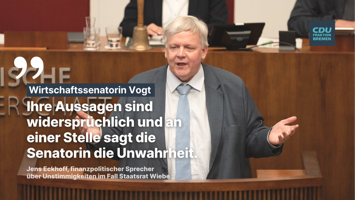 Nach den fragwürdigen Aussagen von Wirtschaftssenatorin Kristina Vogt zur Versetzung ihres früheren Staatsrats Sven Wiebe in den einstweiligen Ruhestand 2023 fordert die CDU-Fraktion umfassende Aufklärung. ➡️ tinyurl.com/2y5ed2so #Bremen #Politik
