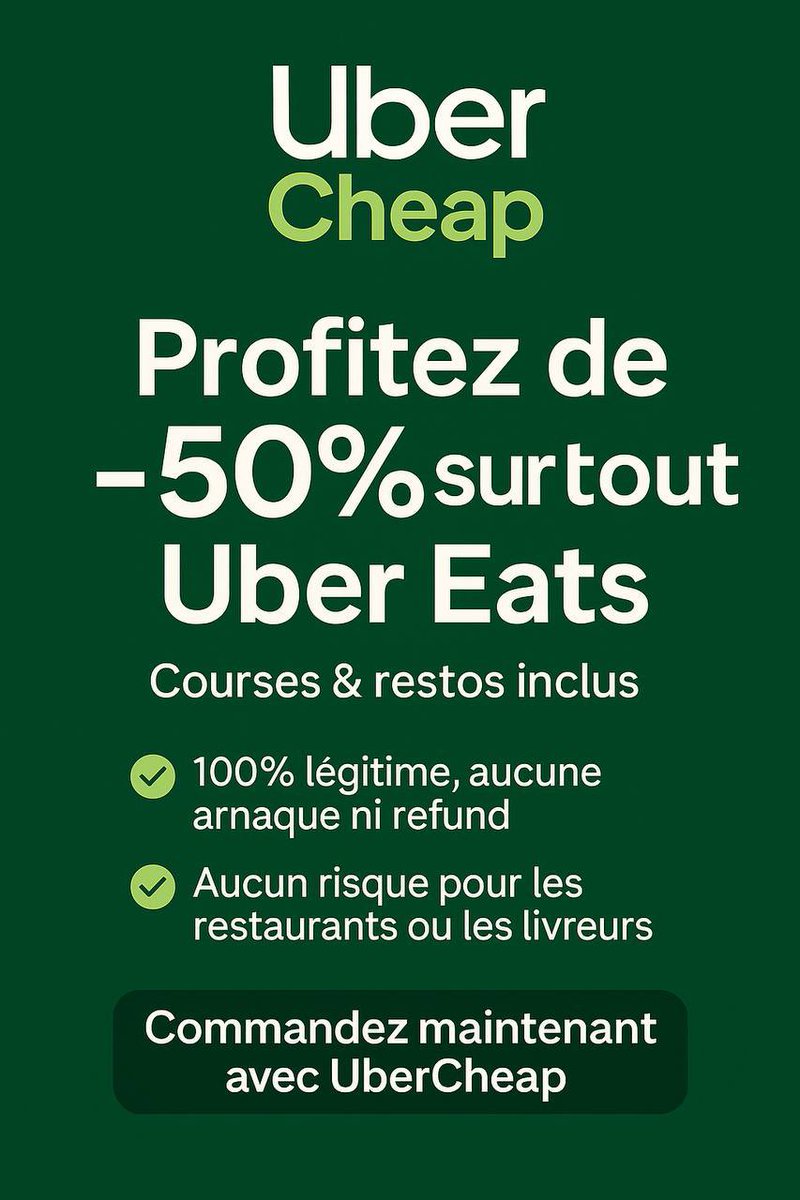 UberCheap_'s tweet image. Profitez de -50% sur tout Uber Eats 🔥
👉 Que ce soit pour vos courses ou vos restos, l’offre s’applique partout !
✅ 100% légitime, aucune arnaque ni refund
✅ Aucun risque pour les restaurants ou les livreurs
🍴 Des économies garanties en toute sérénité
⚡ Commandez dès…