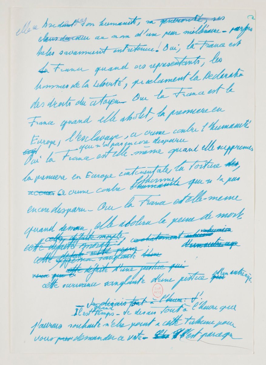 #Hommage 🇫🇷 De son vivant, Robert #Badinter a cédé une partie de ses droits d'auteur pour que l'on puisse numériser et rendre accessible son célèbre discours pour l'abolition de la peine de mort de 1981.
Le texte manuscrit est à lire sur Gallica !
==> c.bnf.fr/XnE