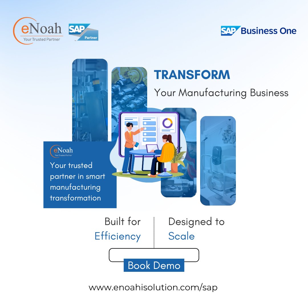 enoahisolution's tweet image. Transform your manufacturing business with SAP Business One and eNoah. Boost efficiency and scale effortlessly with our smart solutions.
Book a demo: bit.ly/3ME9oXW

#SAPB1 #ERP #ManufacturingExcellence #DigitalTransformation #SmartManufacturing #BusinessGrowth