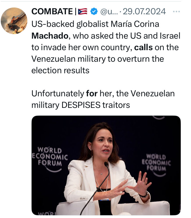 US puppet Corina Machado, Nobel peace prize winner 2025

She had asked the US and Israel to invade her own country.