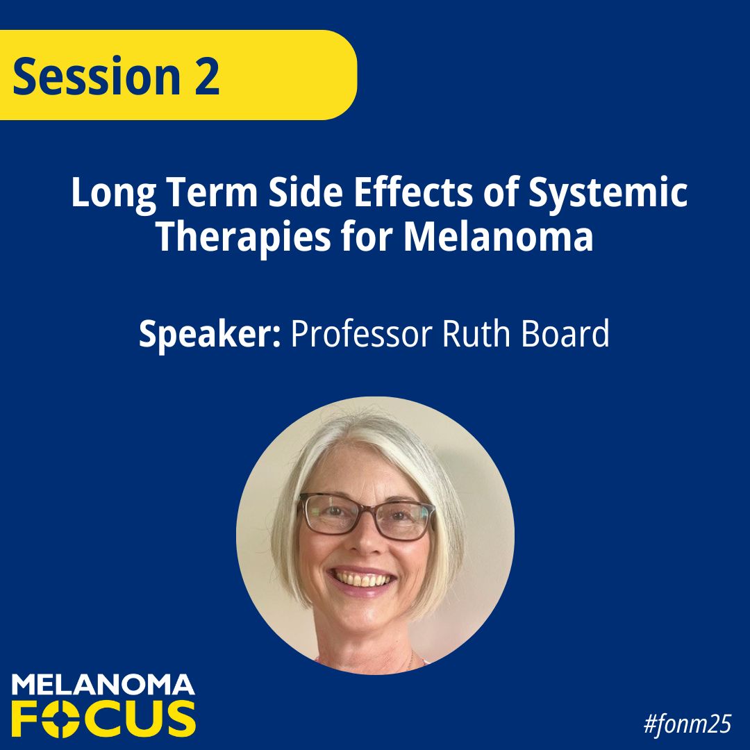 Next, we will hear a talk from Professor Ruth Board who will kick off today's Session 2 by presenting on the Long Term Side Effects of Systemic Therapies for #Melanoma. 

Remember, if you are now a member of our new Clinical Forum you can carry on the conversation over on there!