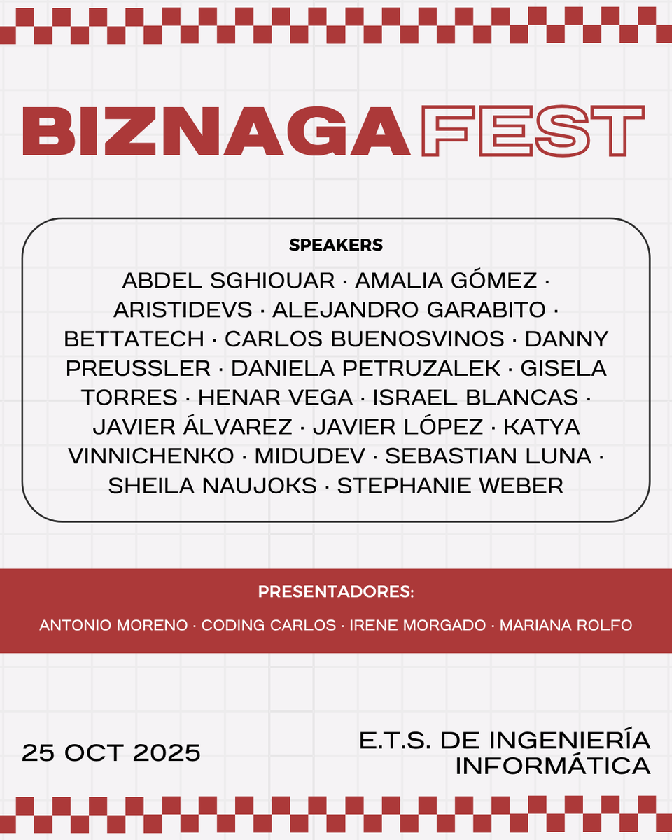 BiznagaFest's tweet image. 📢 ¡Cartel final de #BiznagaFest 2025!
📅 25 de octubre · Málaga
📍 E.T.S. de Ingeniería Informática
Speakers increíbles, comunidad tech y mucho aprendizaje 🚀💻
👉 ¡No te lo pierdas!
#BiznagaFest #TechCommunity #Developers