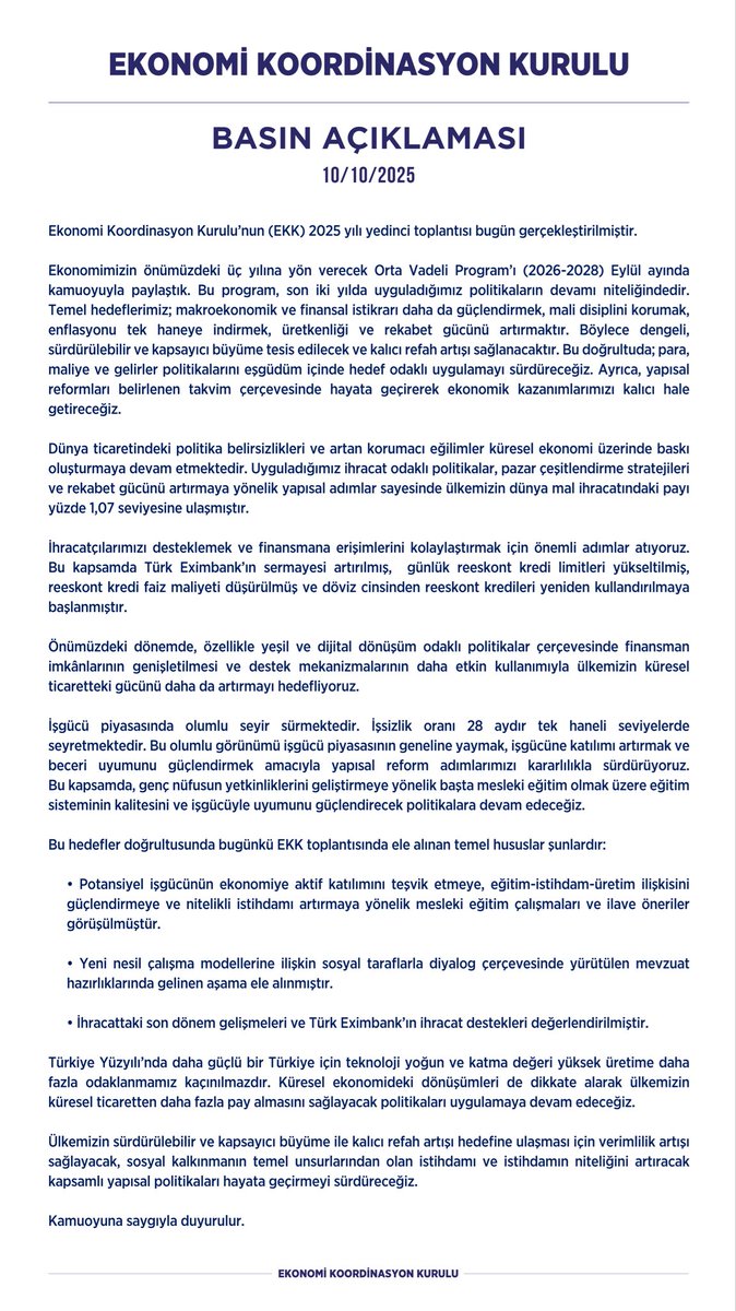 Official document titled EKONOMI KOORDiNASYON KURULU TOPLANTISI dated 10/02/2025, listing participants including EKONOMi BAKAN YARDIMCISI as chair, with sections on vocational education, new work models, export developments, and signatures at the bottom.