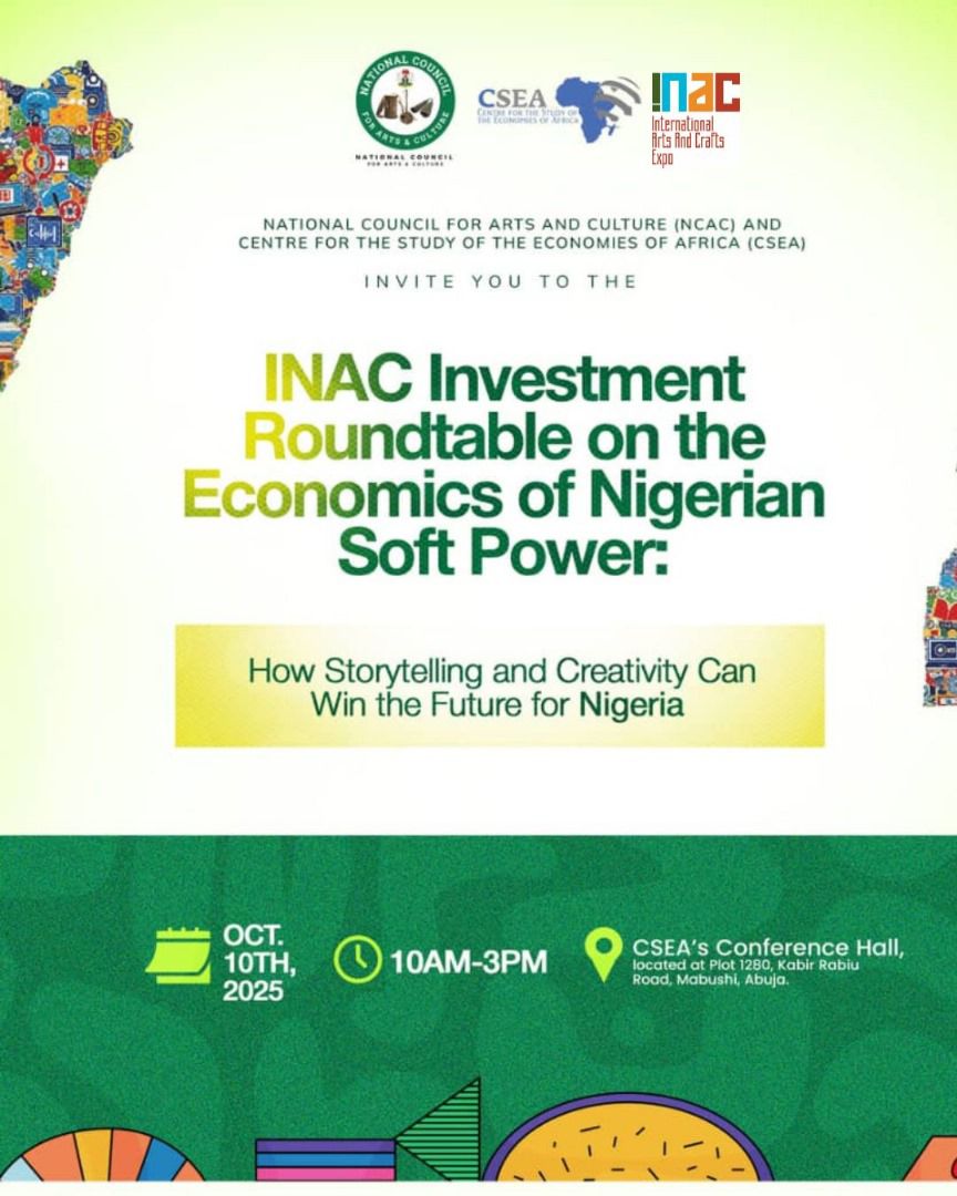 Equityoyo's tweet image. We’re live at the INAC Investment Roundtable on the Economics of Nigerian Soft Power, jointly organized by the National Council for Arts and Culture (NCAC) and the Centre for the Study of the Economies of Africa (CSEA).

Themed “How Storytelling and Creativity Can Win the Future…