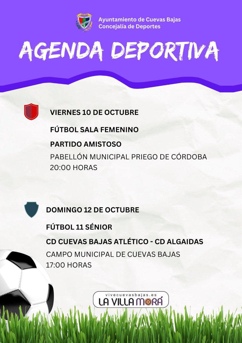 👟 Compartimos la AGENDA DEPORTIVA para este fin de semana.
#CuevasBajas #ViveCuevasBajas #LaVillaMorá #SierraNortedeMálaga #Deporte