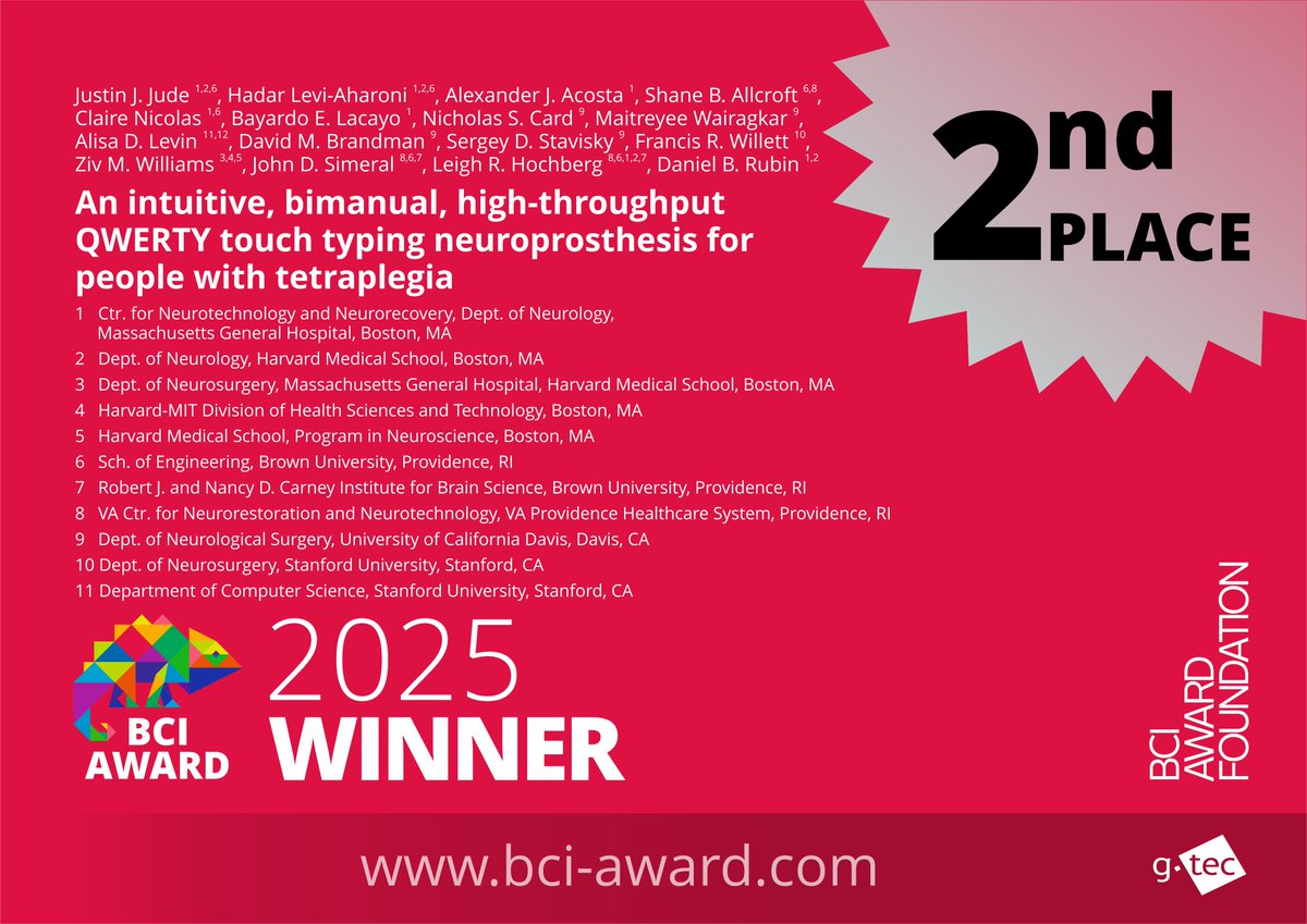 ChristophGuger's tweet image. 🏆 Announcing the 2nd Place Winner of the #BCIAward2025 — congratulations to Justin Jude & team for their groundbreaking work in #BrainComputerInterface tech! 🎉
Learn more about all nominees 👉 bci-award.com
#Neurotech #Innovation #gtecmedical