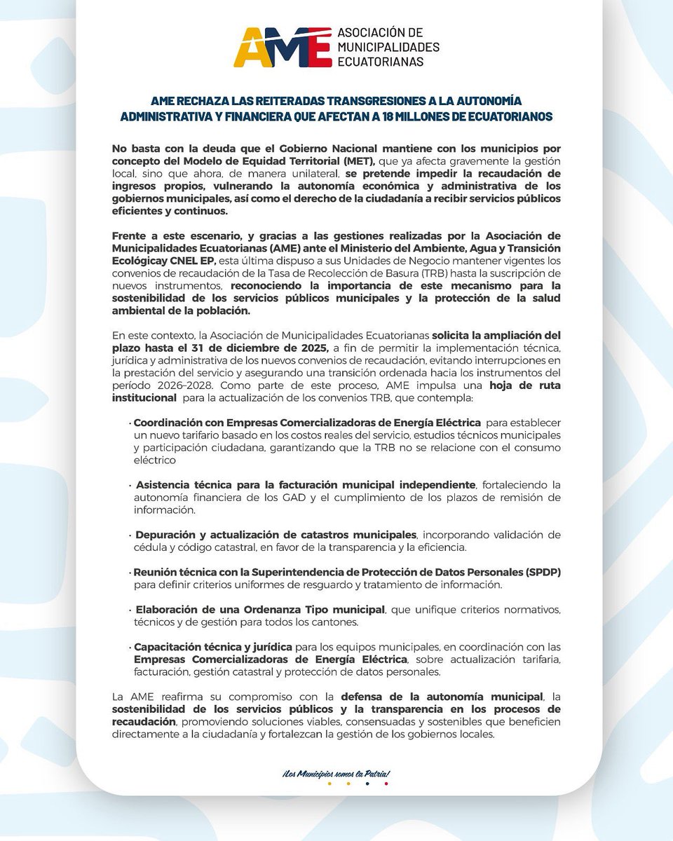 jpachecoe's tweet image. #Residuos | En torno al impasse entre Municipios y el Gobierno por la renovación del convenio de cobro de tasa de recolección de basura, la AME se pronuncia y el GAD Cuenca emitió oficio a la CENTROSUR para firmar renovación.

Aseguran que @EcuadorMAE actúa sin sustento legal.