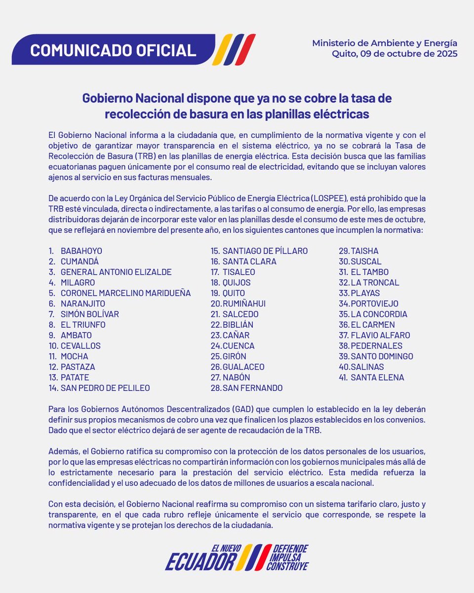 jpachecoe's tweet image. #Residuos | En torno al impasse entre Municipios y el Gobierno por la renovación del convenio de cobro de tasa de recolección de basura, la AME se pronuncia y el GAD Cuenca emitió oficio a la CENTROSUR para firmar renovación.

Aseguran que @EcuadorMAE actúa sin sustento legal.