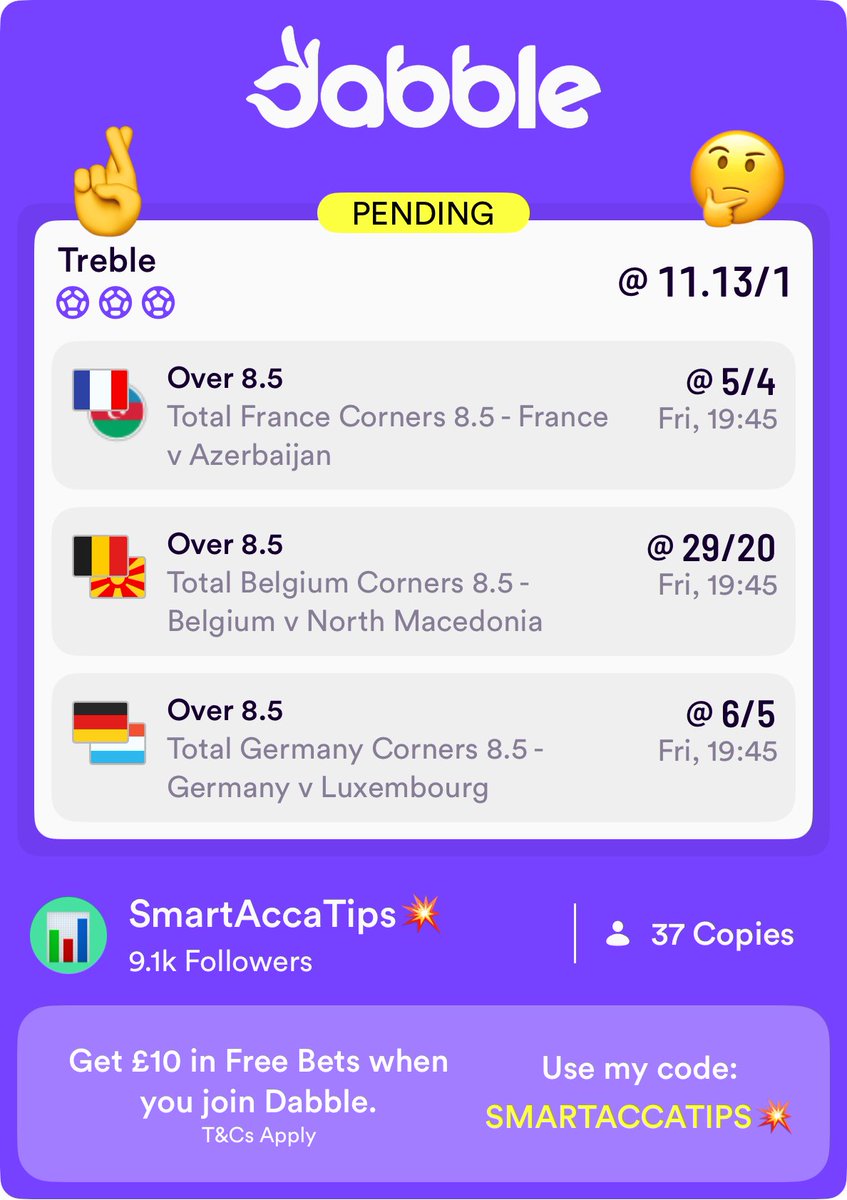 SmartAccaTips's tweet image. 🤞 5/1 & 11/1 FAVOURITE'S TREBLES!!!
✅ Get £10 in free bets - no deposit required when you join Dabble: smartaccatip.link/JoinDabble
🇫🇷 France host Azerbaijan.
🇩🇪 Germany host Luxembourg.
🇧🇪 Belgium host North Macedonia.
🤝 Find me in-app under SmartAccaTips and click “Copy Bet”…
