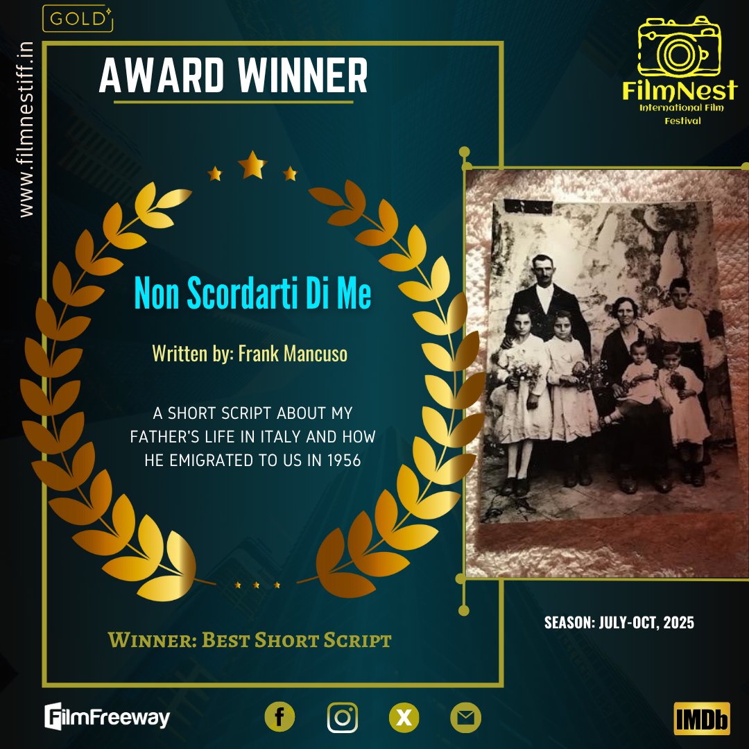 FilmnestF's tweet image. Congratulations to the writer Frank Mancuso on his incredible achievement. We wish you continued success in your future endeavours.
#NONSCORDARTIDIME #ShortScript #Winner #FilmNest