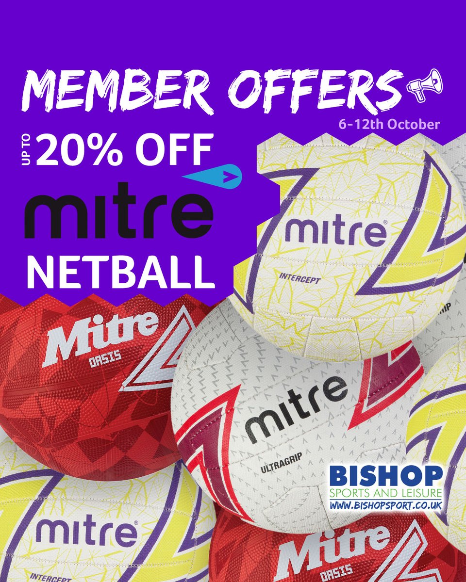 🏐 Mitre Netball Week – Up to 20% Off 🏐

6–12 Oct: Members save on Mitre netballs &amp; bibs perfect for schools &amp; clubs!

✔ Oasis, Intercept &amp; Ultragrip Netballs
✔ Mesh Bib Sets in multiple colours

👉 Shop offers: bishopsport.co.uk/collections/me…

#Netball #SchoolPE #BishopSports