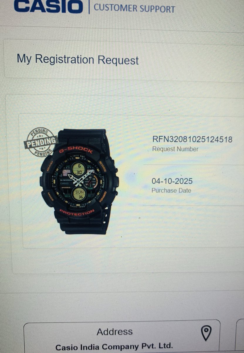 the_hardik's tweet photo. @CasioIndia I have purchased my G shock watch and applied for registration but it’s pending from last 2-3 days. 

Could you please verify and update a status. https://t.co/21TPT5v6sy