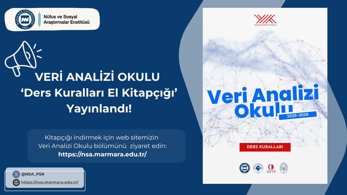 📢Değerli Veri Analizi Okulu Öğrencileri,

Ders kuralları, işleyiş detayları ve sıkça sorulan soruların cevaplarını içeren kitapçığımıza aşağıdaki linkten ulaşabilirsiniz.

🔗 nsa.marmara.edu.tr/enstitu/veri-a…