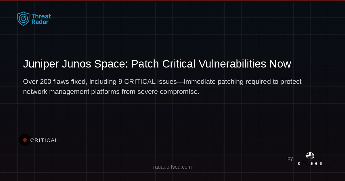 offseq's tweet image. 🚨 CRITICAL: Juniper Junos Space patched 200+ vulnerabilities, incl. 9 critical flaws! Immediate patching needed to protect network management systems. No workarounds available. radar.offseq.com/threat/juniper… #OffSeq ...