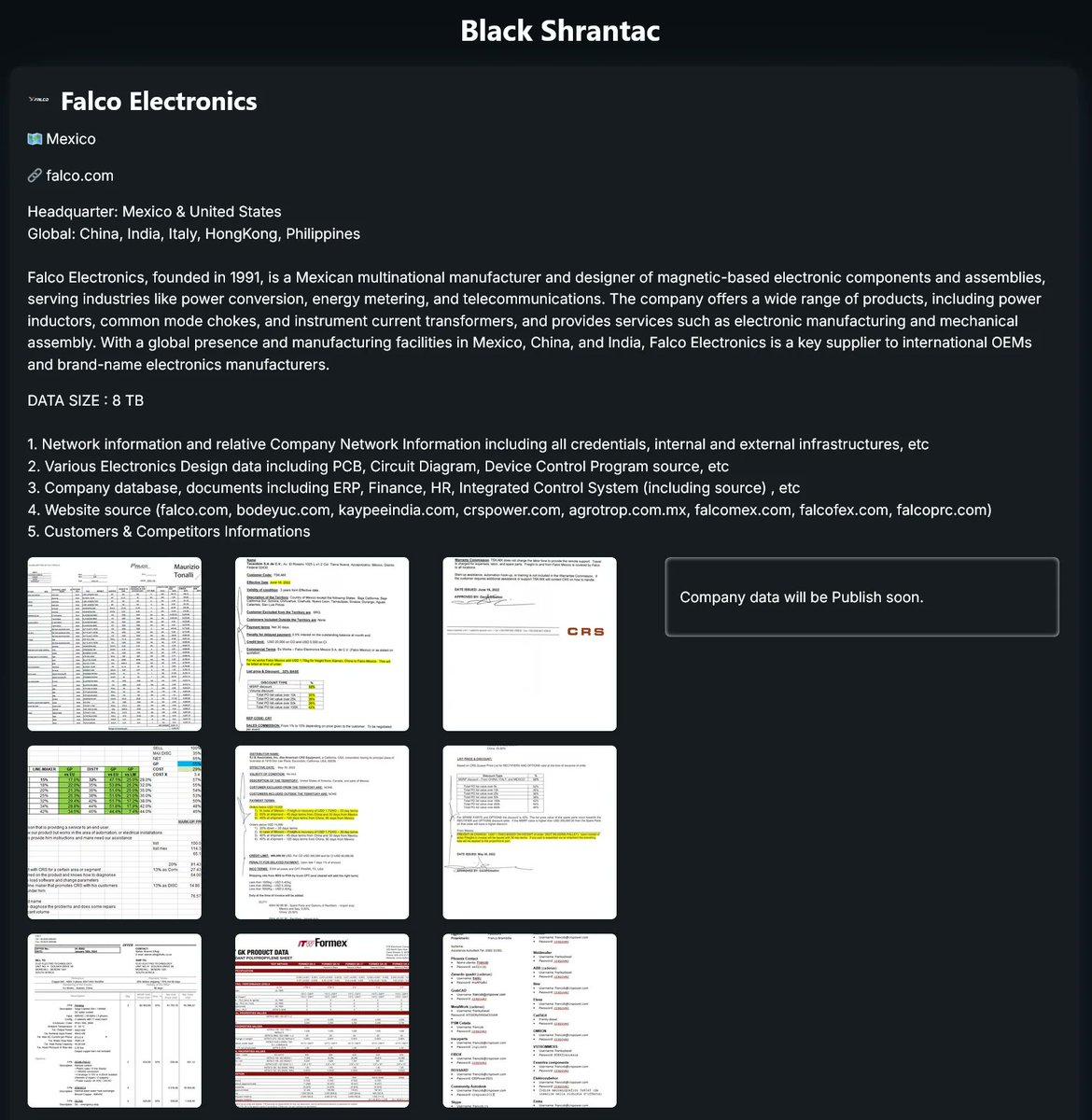 DailyDarkWeb's tweet image. #Mexico 🇲🇽 - Falco Electronics has been targeted by the Black Shrantac ransomware group, which claims to have stolen 8 TB of sensitive data including proprietary designs and corporate files. dailydarkweb.net/falco-electron…