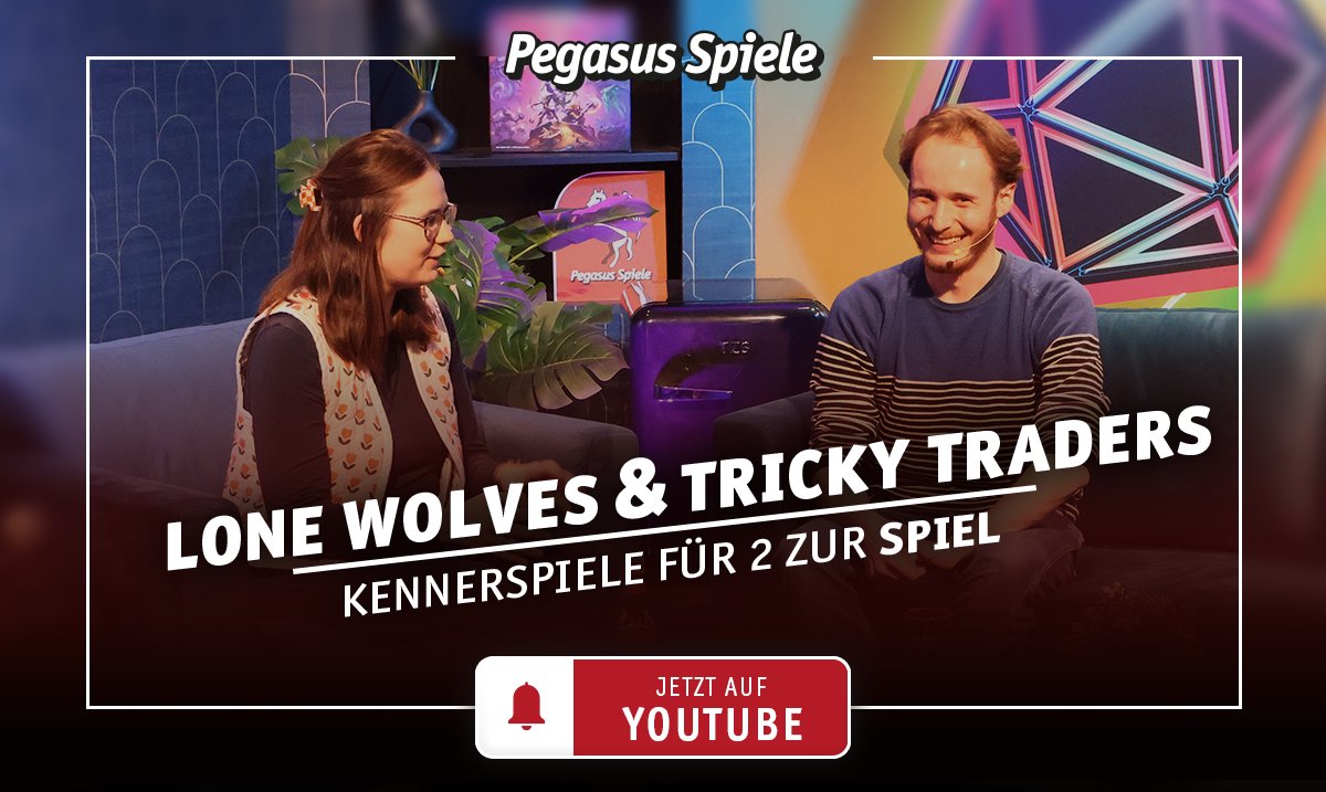 Zu unseren Neuheiten zählen auch zwei Kennerspiele: Werdet in dem Stichspiel LONE WOLVES zum Alphatier oder dominiert als Gilde den Wochenmarkt mit geschickter Sabotage in TRICKY TRADERS!
Ihr wollt mehr erfahren? Dann schaut euch unser neues Video an: youtu.be/f5doEgtuRBc