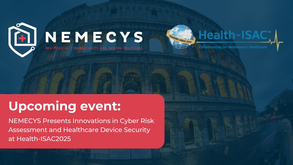 📢 #NEMECYS_eu will be at <a href="/HealthISAC/">Health-ISAC</a> in Rome (14–16 Oct)!

Representing us:
🔹 Gencer Erdogan &amp; Simeon Tverdal (<a href="/SINTEFdigital/">SINTEF Digital</a>)
🔹 Adamantios Ntanis (PD Neurotechnology)
🔹 Christos Androutsos (University of Ioannina)

Read more: nemecys.eu/nemecys-presen…