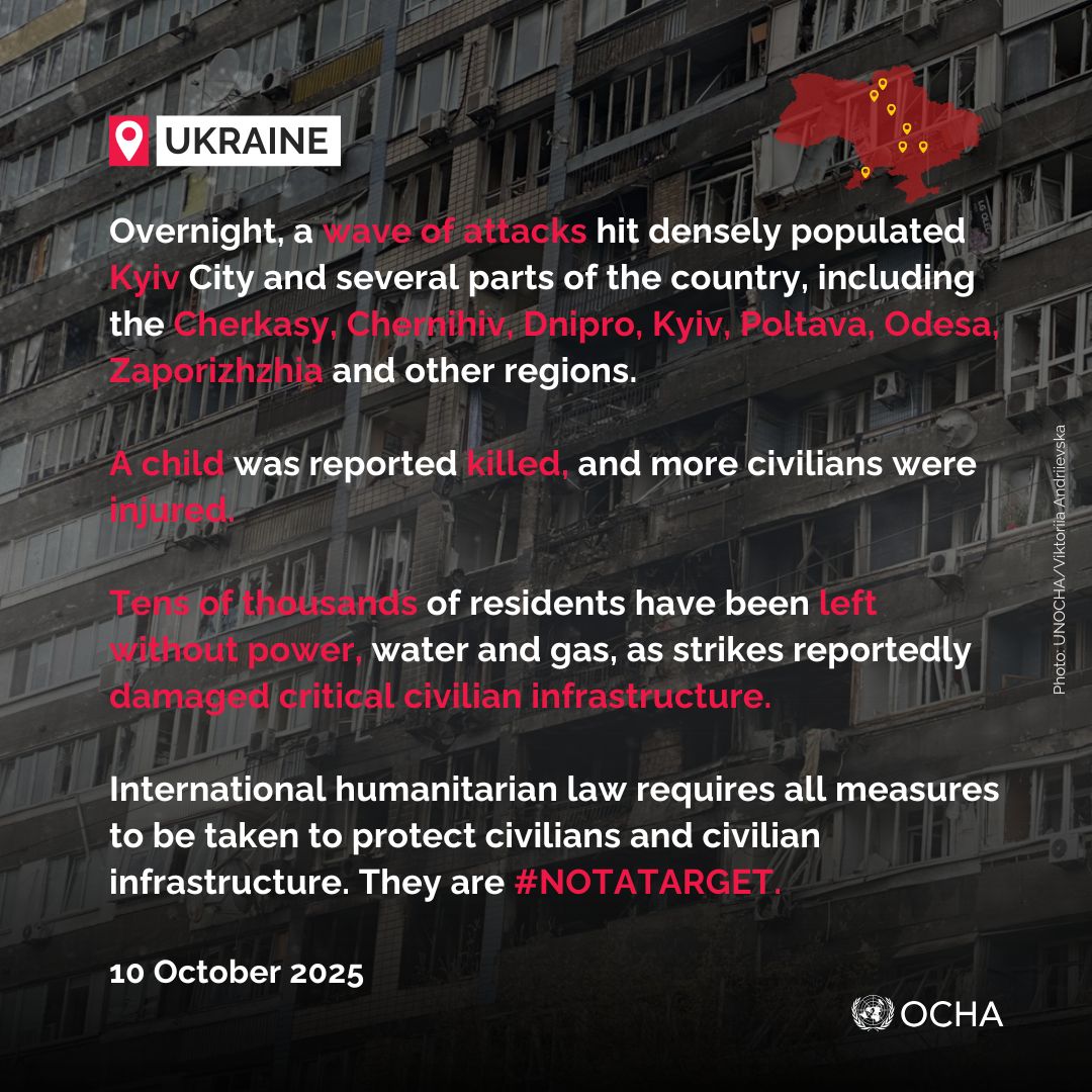 Civilians across #Ukraine have endured another wave of attacks—bringing more loss and destruction, and disrupting access to basic services.

As the cold season begins, the most vulnerable will suffer the most.

Civilians and civilian objects are protected by IHL. #NotATarget.