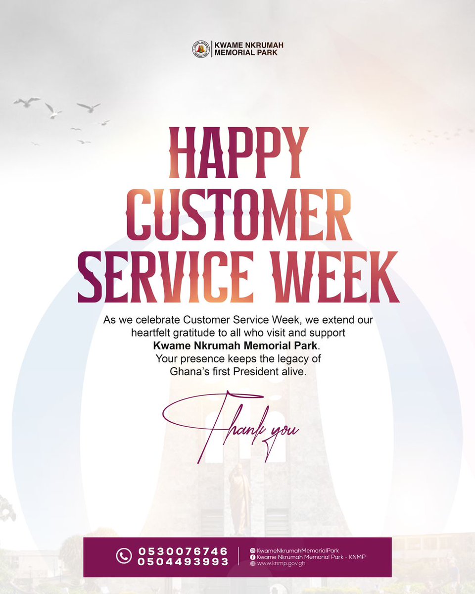 Happy Customer Service Week at Kwame Nkrumah Memorial Park! 🎉 Your visit lights up our legacy, and we’re thrilled to celebrate YOU—our incredible tourists and visitors! we cherish every step you take through our historic grounds.🤝 #CustomerServiceWeek #GhanaTourism #KNMPcares