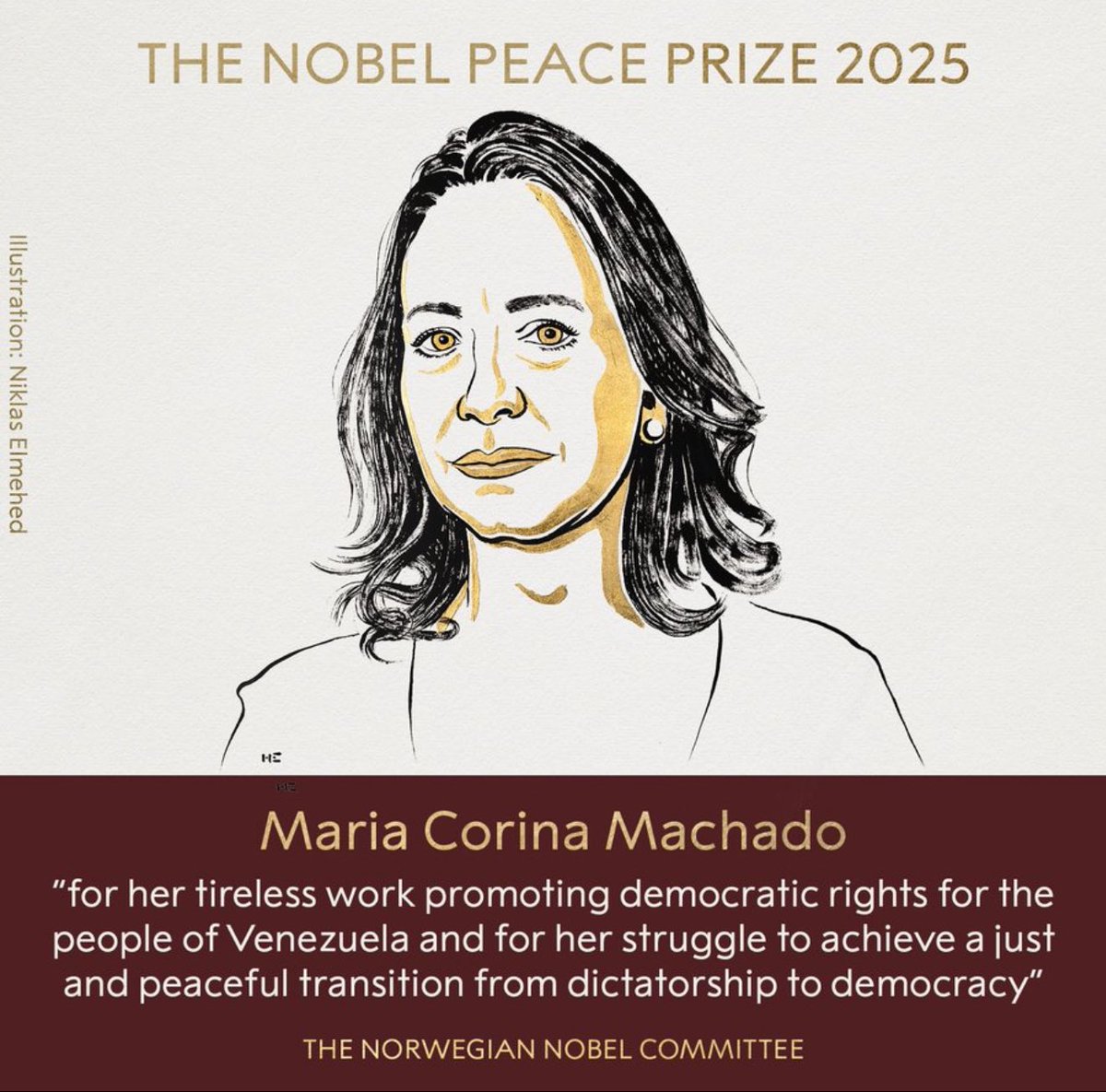 Ni Trump ni el doctor Simi… 

El premio Nobel de la Paz 2025 es para María Corina Machado por su incansable labor en la promoción de los derechos democráticos del pueblo de Venezuela y por su lucha por lograr una transición justa y pacífica de la dictadura a la democracia.