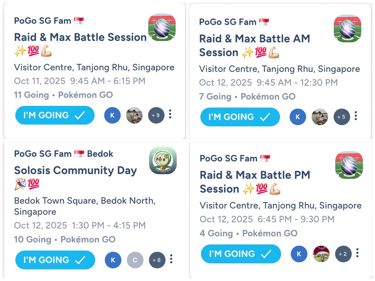 To #PokemonGO trainers in Singapore,
We'll be having some raid &amp; max battle sessions &amp; Solosis CD this coming weekend (11&amp;12Oct).
If u would like to raid for XP to grind up your levels before the level rebalance, come join us to raid together 🤩
Hope to see u there 😄