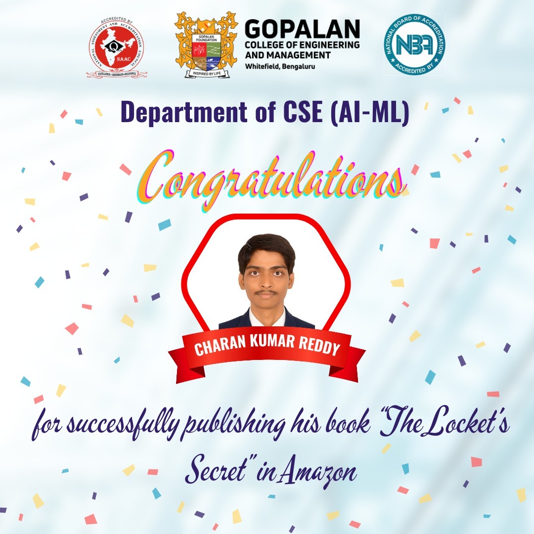 gcem_cse's tweet image. We’re delighted to share that our student Charan Kumar Reddy, 3rd Semester, CSE (AI & ML), has successfully published his book titled “The Locket’s Secret – Where Memories Are a Weapon: A World Built on Forgotten Truths” on Amazon! 📖✨
Check it out here: amazon.in/dp/B0FR3778HT