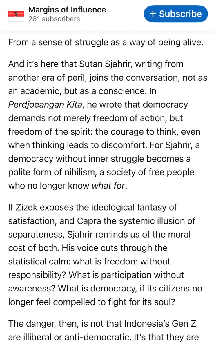 Saya tak menemukan link artikel yg keren ini. Jadi saya SS agar bisa dibaca, terutama oleh Gen Z. Penulis artikel ini merasakan kegelisahan yg sama dengan saya: bahwa Gen Z, meski lahir setelah era reformasi, ternyata mengalami democratic complacency.