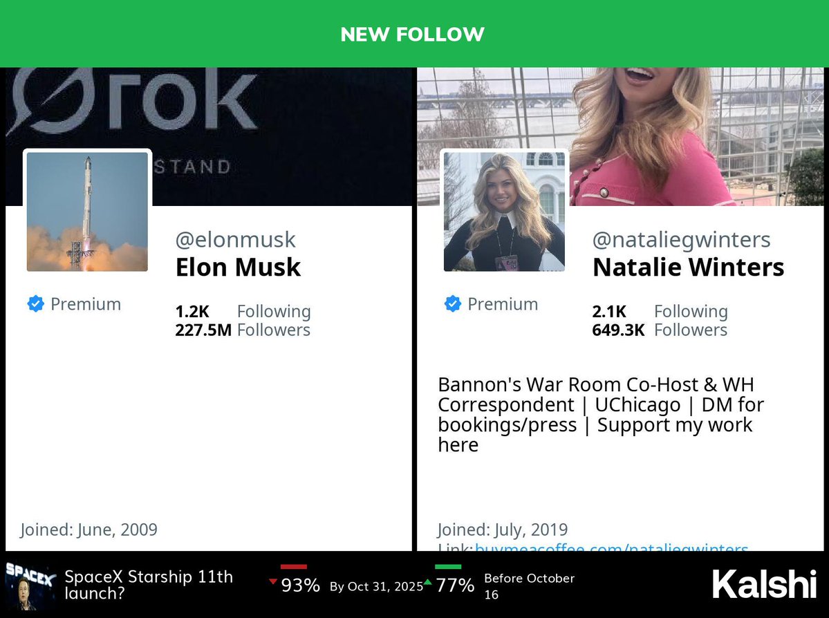 BigTechAlert's tweet image. 🆕 @elonmusk has started following @nataliegwinters