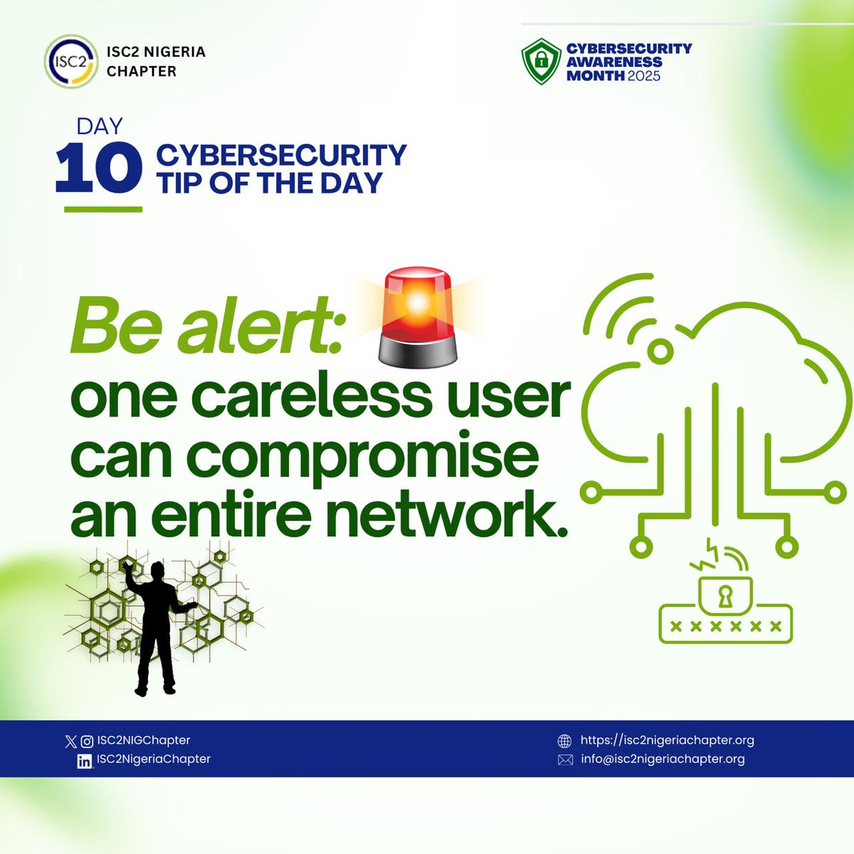 ISC2NIGChapter's tweet image. Day 10
It only takes one careless click to put an entire organization at risk.
Cybersecurity starts with you!
Be alert, think before you click, and protect your organization’s network. 🔒
#ISC2 #OctoberCybersecurityAwarenessMonth2025 #BeAlert!