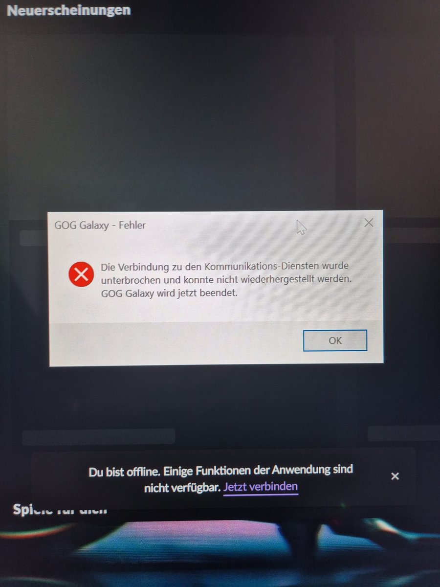 BIackdead's tweet photo. @GOGcomDE bisschen doof wenn man kein Internet hat gog galaxy öffnen möchte um ein heruntergeladenes Spiel zu spielen und gog galaxy dann mit ner Fehlermeldung schließt weil man kein Internet hat. Wäre nice wenn das gefixt wird. https://t.co/OdqodOYemB