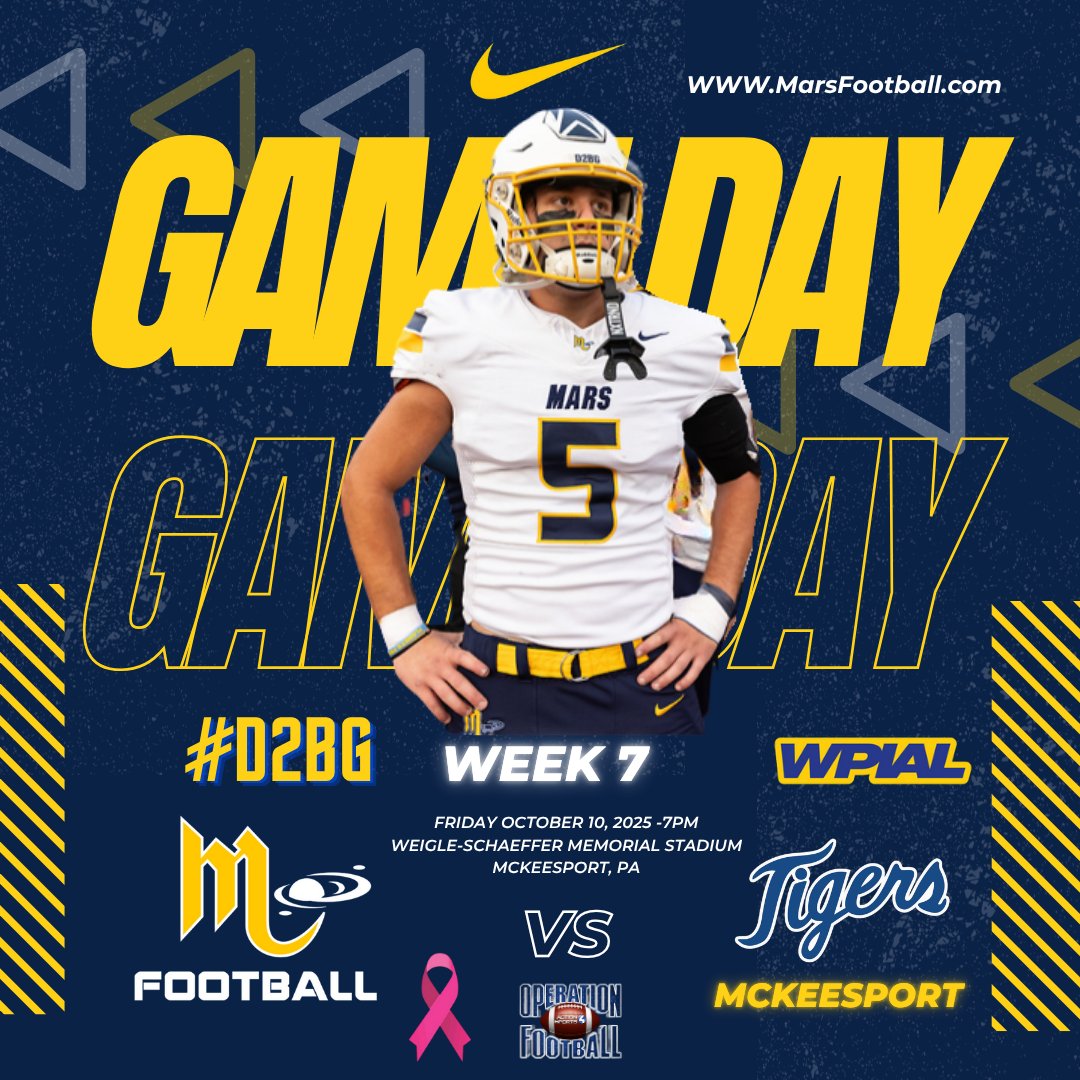 Gameday!!!  Week 7 
WPIAL Greater Allegheny Conference Game    
👽Mars 🆚McKeesport 
 Weigle-Schaeffer Memorial Stadium
 7pm 🕖
Weather☀️/ 58
🎟️At Gate/ Open @ 5:30.  Cash or card option 
📺fan.hudl.com/usa/pa/mckeesp…
📺youtube.com/@MVILive

#D2BG 👽🏈💪
<a href="/MarsAreaSD/">Mars Area SD</a> <a href="/MASDFP/">Mars Area Athletic Department</a>