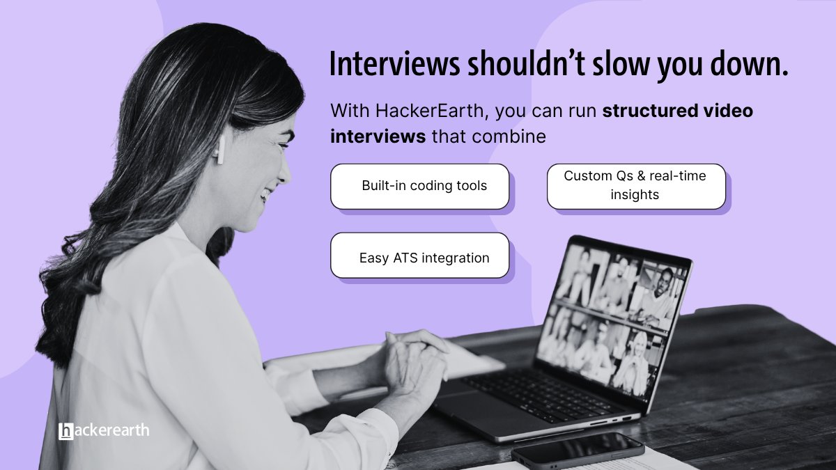 HackerEarth's tweet image. 🎥 + 💻 = Smarter Hiring.
Run structured video interviews with built-in coding tools, custom Qs & real-time collaboration.
⚡ Integrate with your ATS today → hubs.ly/Q03N4cxq0
#TechHiring #VideoInterviews #DeveloperTools #HackerEarth