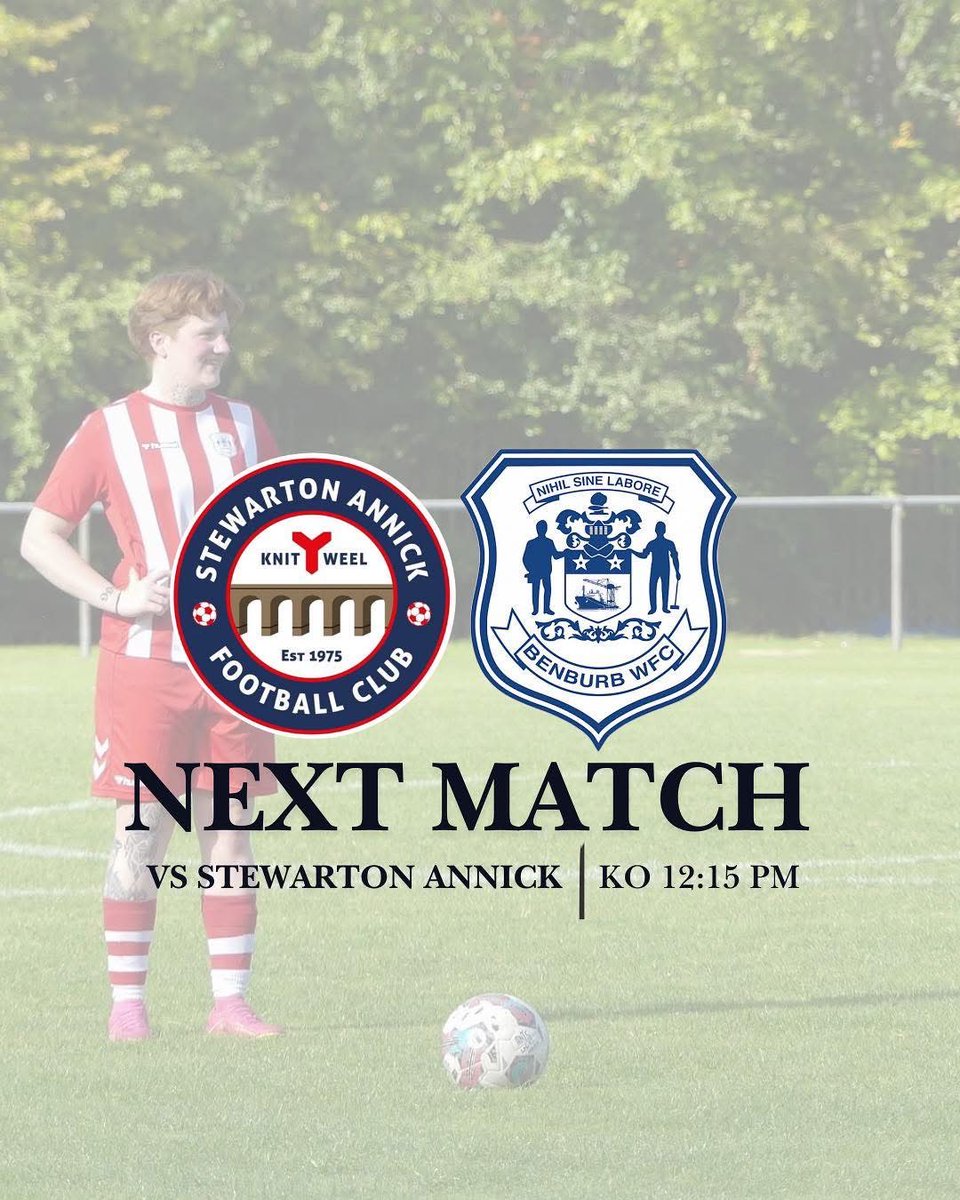 Next up this weekend..

🏆 SWFL League     
🆚 Stewarton Annick      
📅 Sunday, 12th October       
📍 Rose Reilly Sports Centre, Kilwinning Road, Stewarton, KA3 3DN 
⏰ 12:15 KO