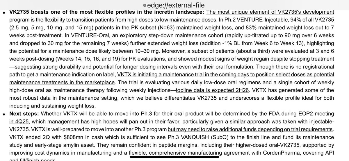 semodough's tweet photo. $VKTX Stifel VK2735 boasts one of most flexible profiles in incretin landscape: most unique element of VK2735's development
program is flexibility to transition patients from high doses to low maintenance doses. In Ph.2 VENTURE-Injectable, 94% of all VK2735
(2.5 mg, 5 mg, 10 mg, and 15 mg) patients in the PK subset (N=63) maintained weight loss, and 83% maintained weight loss out to 7
weeks post-treatment. In VENTURE-Oral, an exploratory step-down maintenance cohort (rapidly up-titrated up to 90 mg over 6 weeks
and dropped to 30 mg for the remaining 7 weeks) further extended weight loss