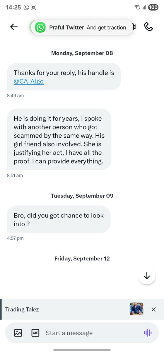 PRAFULKULKARN18's tweet image. Beware of this ID @CA_Algo

Modus operandi- You can see him commenting under the posts of *ALL* popular fintwit handles to get traction.
Then scam people via DMs on telegram, whatsapp etc.
Someone sent full proof of his acts.
Mass report karna h toh kar do!