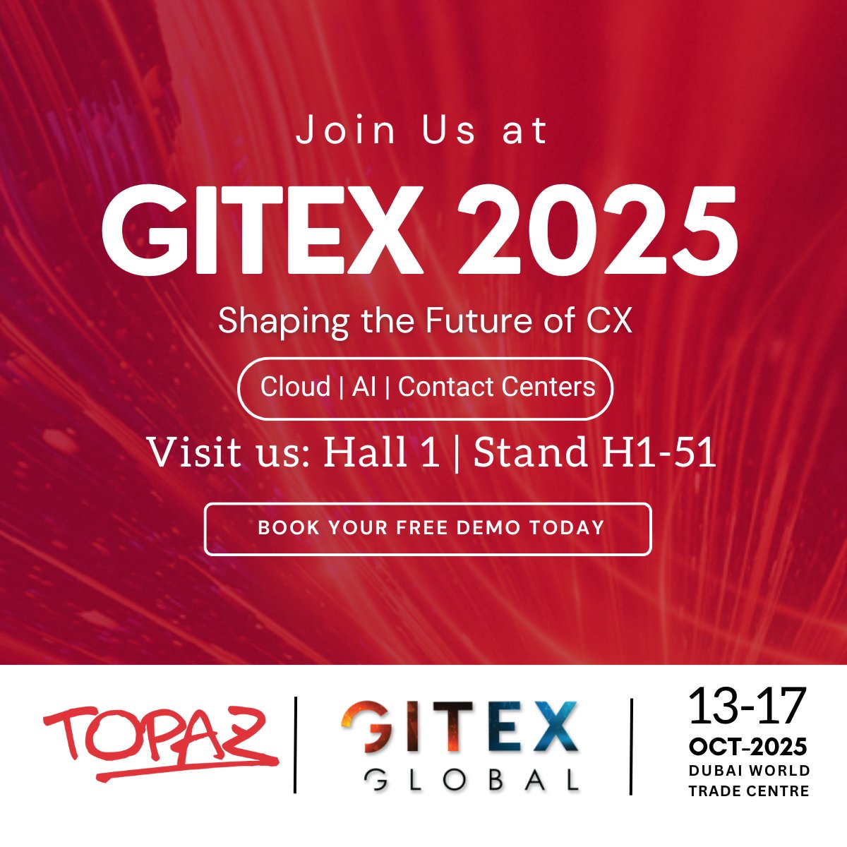 Ready to redefine CX? 
 Join Topaz at #GITEXGLOBAL 2025 and see how we're shaping the future of customer experience with Cloud, AI, and Contact Centers
Book your free demo today topaztel.com

#GITEX2025 #FutureofCX #AI #ContactCenter