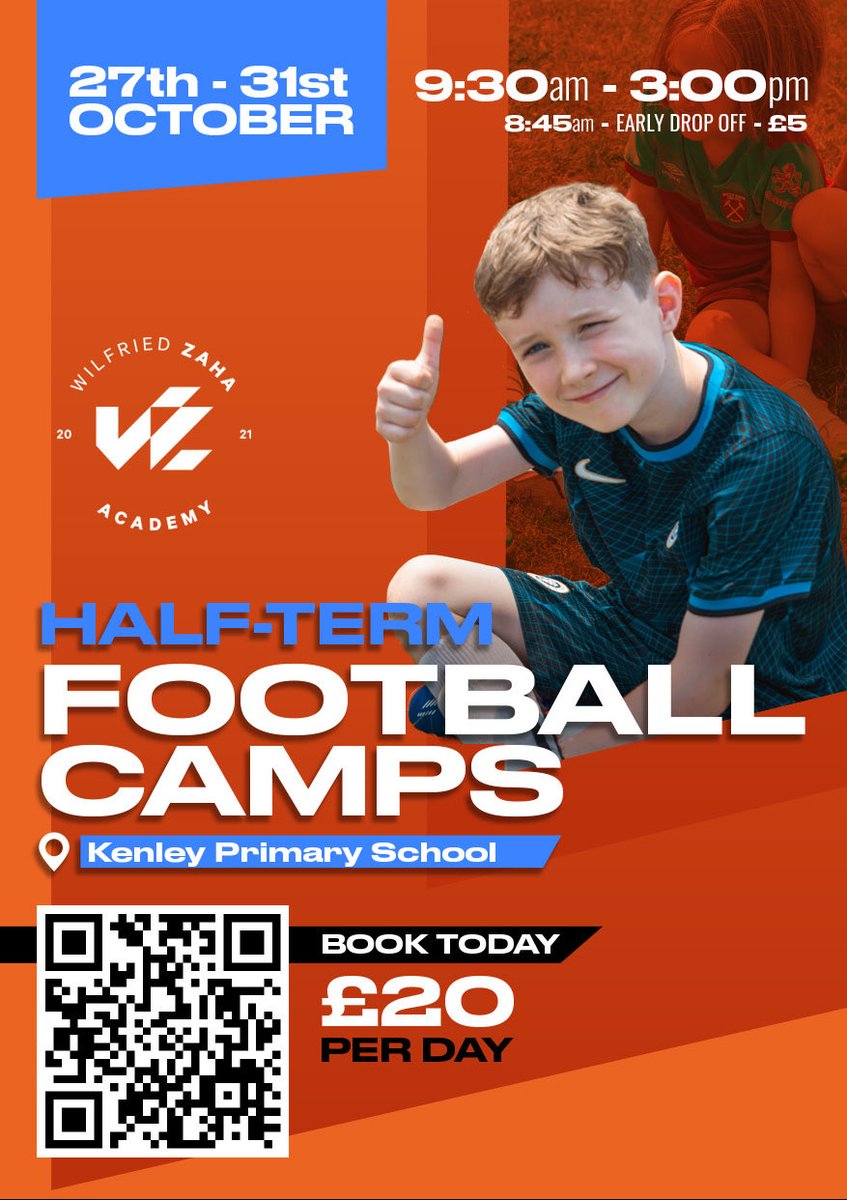 ⚽️ Half-Term Football Fun!

Join the Wilfried Zaha Academy this 27th–31st October at Kenley Primary School for an unforgettable week of skills, teamwork &amp; fun! 🙌

🕤 9:30am–3:00pm (early drop-off available)
💷 £20 per day

wzacademy.co.uk