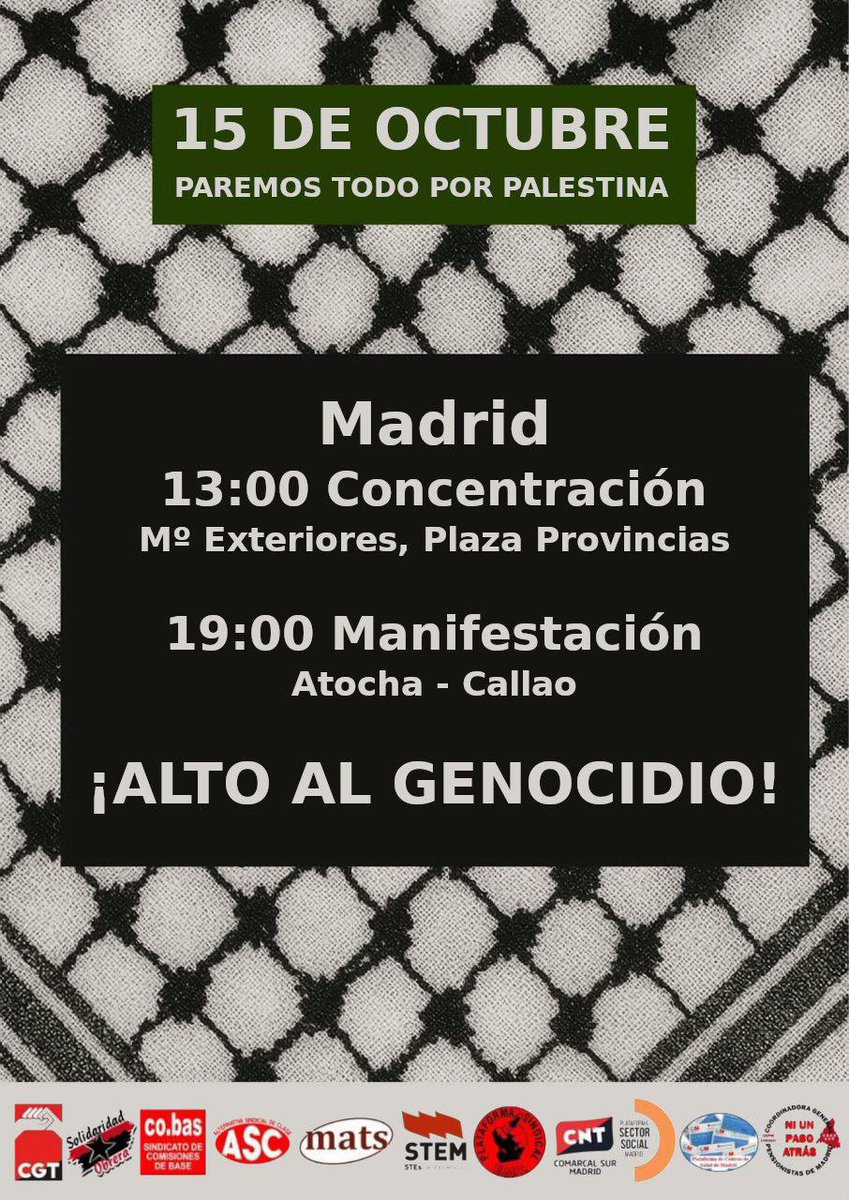 HUELGA GENERAL | Rueda de Prensa en el Teatro del Barrio

El 15 de oct. #HuelgaGeneral Paramos todo por #Palestina
¡Alto al Genocidio!

#15octHuelgaGeneral
Boicot y ruptura de relaciones
#StopArmasConIsrael
#AltoAlGenocidio

Viva Palestina Libre del rio al mar!
🍉🇵🇸